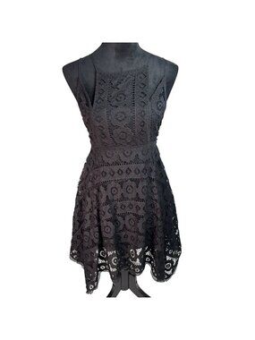 Free People Just Like Honey Lace Crochet Mini Dress Handkerchief Hem Black size